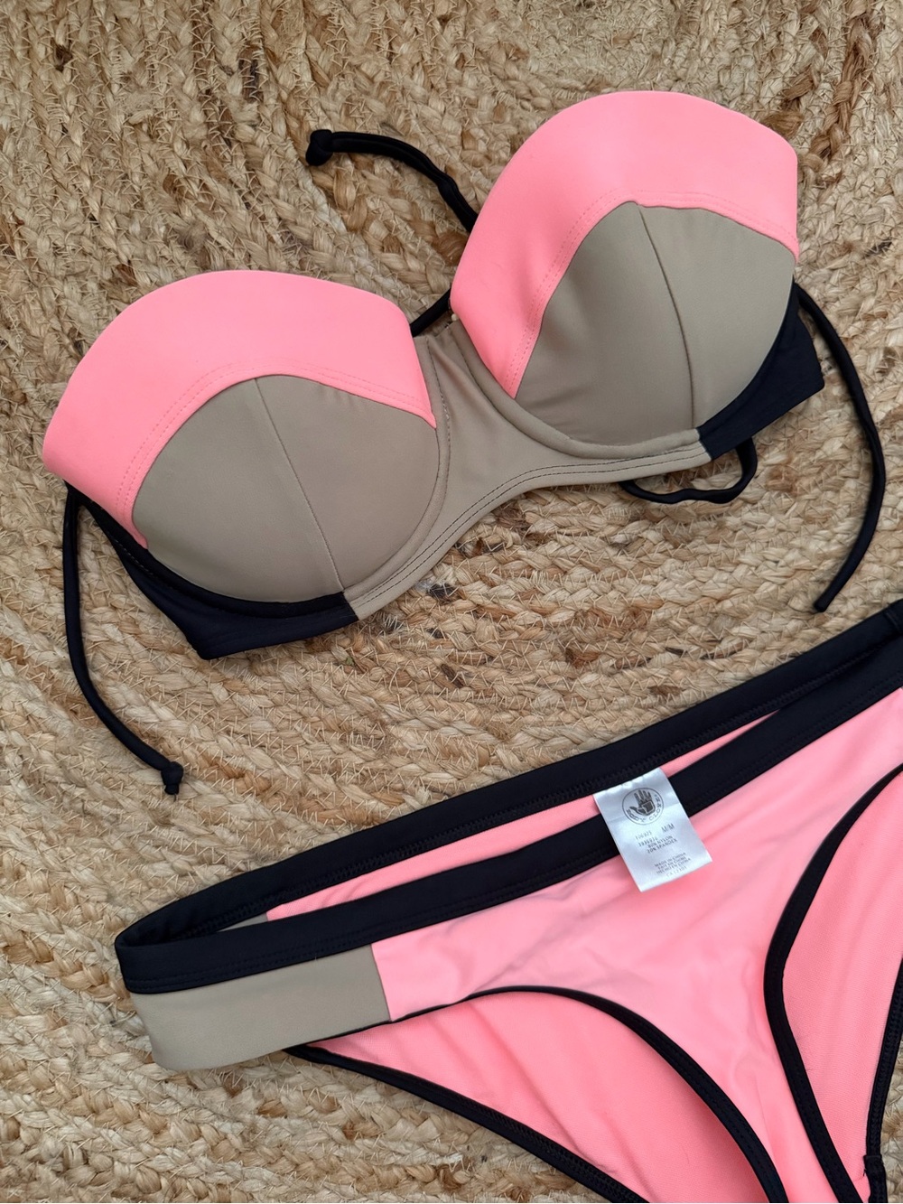 Body Glove Pink Coral Tan and Black Colorblock Bikini Set